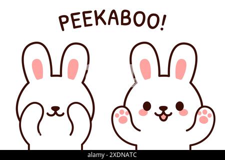 Cute cartoon bunny playing Peekaboo, hiding and opening face. Simple kawaii drawing, vector illustration. Stock Vector