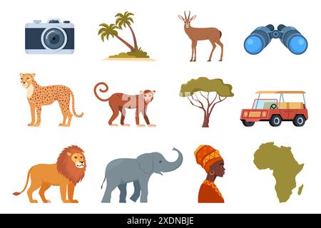 African Ethnic Style Icons. African Map, Trees, People, Animals Birds 