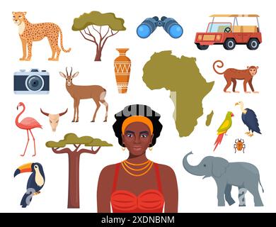 African Ethnic Style Icons. African Map, Trees, People, Animals Birds 