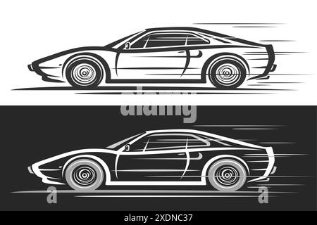 Vector logo for Old Sport Car, horizontal automotive banners with simple contour illustration of monochrome vintage concept car in moving, decorative Stock Vector