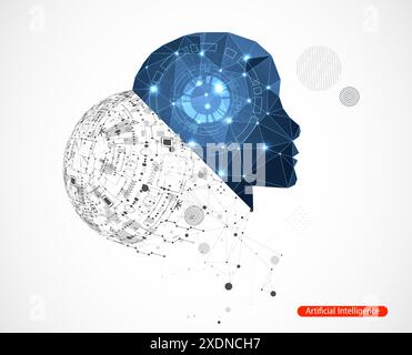 Artificial Intelligence. Technical background with a silhouette of a man. Big data concept. Machine cyber mind. Stock Vector