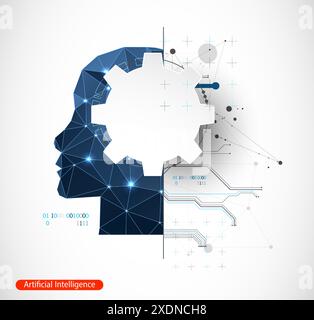 Artificial Intelligence. Technical background with a silhouette of a man. Big data concept. Machine cyber mind. Stock Vector