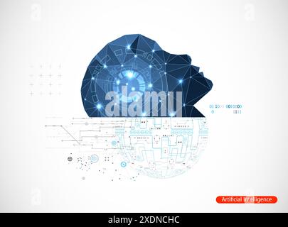 Artificial Intelligence. Technical background with a silhouette of a man. Big data concept. Machine cyber mind. Stock Vector