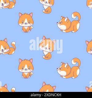 Seamless pattern with cute red cats on blue background. Funny kawaii animal. Vector illustration. Kids collection. Stock Vector