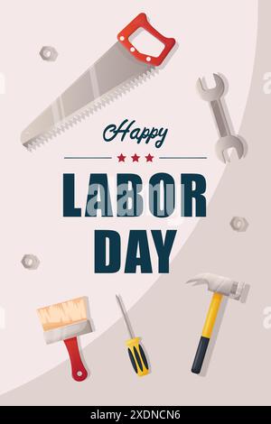 Happy labor day, white background and construction tools building. Stock Vector