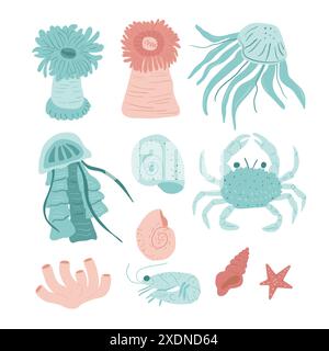 Colorful, simplified marine life illustrations including sea anemones, jellyfish, mollusks, crabs, coral, shrimp, and starfish. Vector hand drawn set Stock Vector