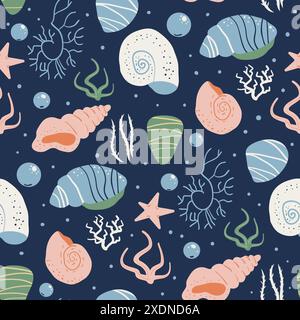 Barnacles seamless pattern. Shells endless background. Underwater world repeat cover. Vector hand drawn illustration. Stock Vector