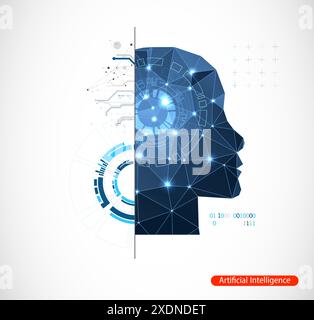 Artificial Intelligence. Technical background with a silhouette of a man. Big data concept. Machine cyber mind. Stock Vector