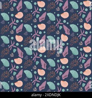 Seashells seamless pattern. Barnacles and algae endless background. Underwater world repeat cover. Vector hand drawn illustration. Stock Vector