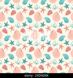 Shells and starfish seamless pattern. Barnacles and seaweed endless background. Seashell and stones repeat backdrop. Vector hand drawn illustration. Stock Vector