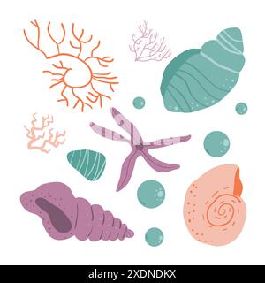 Coral, seashells, and a starfish in pastel colors, showcasing the delicate beauty of underwater ecosystems. Set of Vector hand drawn illustration. Stock Vector