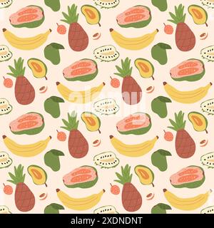 Tropical fruits seamless pattern. Ripe pineapple, guava, lychee, mango, banana, longan. Exotic sweet slices, half and whole fruit food endless backgro Stock Vector