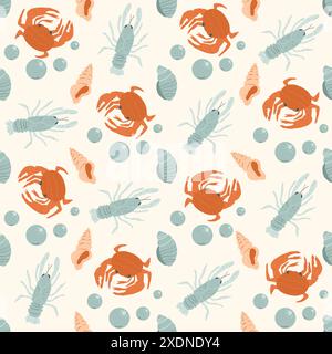 Seamless pattern with Crustaceans. Lobsters and crawfishes with shells and crabs repeat cover backdrop. Vector hand drawn flat illustration. Stock Vector
