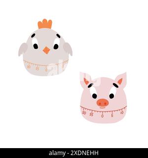 Time measuring tool isolated on white background. Chicken timer. Pig kitchen timer. Kitchen timer. Vector illustration. Stock Vector