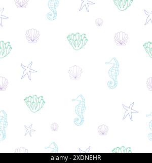 Set of colored sea shells, molluscs, sea snails, starfish. Modern flat illustration of seashells isolated on white background. Stock Vector