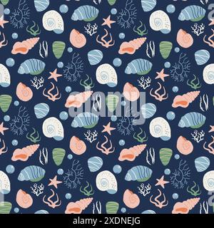 Playful marine life-inspired seamless pattern with stylized seashells, starfish, and coral on a dark blue backdrop. Perfect for nautical-themed textil Stock Vector