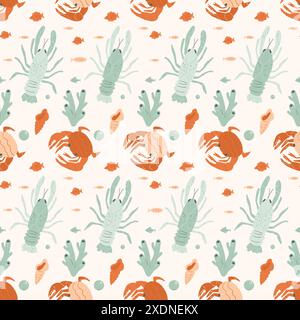Seamless pattern with Crustaceans. Crabs, lobsters and crawfishes with shells and coral reef repeat cover backdrop. Underwater sea life endless backgr Stock Vector