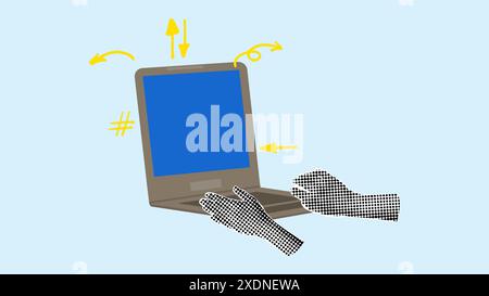 Halftone Collage business theme pop art style. Effect cut paper from newspaper. Hands typing on laptop. Design banner poster advertising materials. Vector illustration. Stock Vector