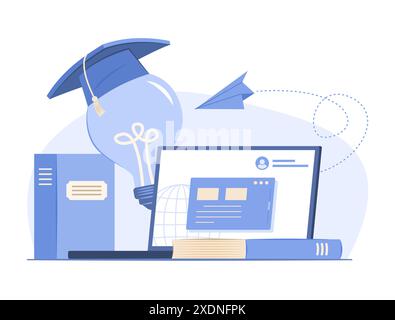 Laptop Computer, Light Bulb with Graduation Cap and Books for E-Learning and Education Concept Illustration Stock Vector