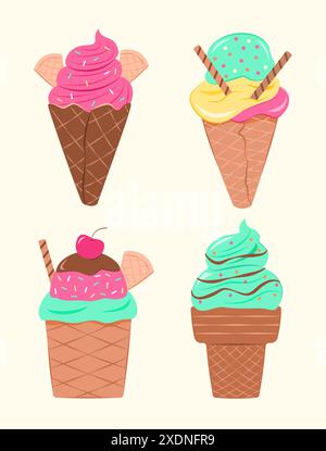 Set of Colorful Ice Creams with Waffle Cone for Sweet and Dessert Concept Illustration Clip Art Stock Vector