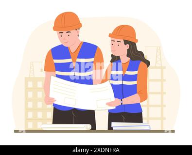 Teamwork of Engineer Staffs Checking Blueprint and Discussing to Collaborate Working in Construction Site Stock Vector