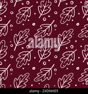 Autumn seamless pattern with doodle leaves in vinous color. Vector floral illustration in doodle style. Fall pattern with Autumn elements - oak leaves, Maple leaves, autumn leaves. Stock Vector