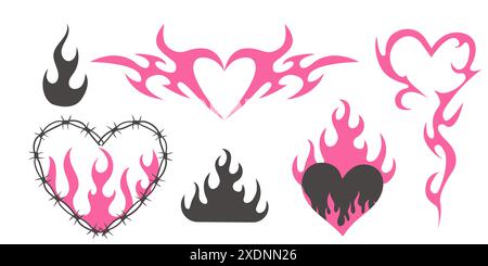 Set Wire Barb heart, oval frame y2k tattoo border, flame silhouette gothic spiky punk print neo tribal isolated on white background. Barbwire emo boundary heart shape. Vector illustration Stock Vector