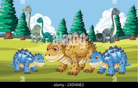 Colorful dinosaurs in a lush forest setting Stock Vector