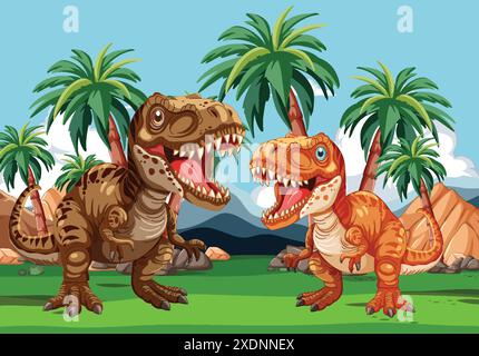 Two dinosaurs in a lush, tropical setting Stock Vector