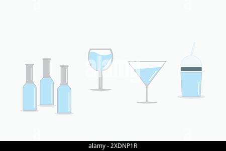 Set of bottles, cocktail glasses with drink and plastic cup with straw isolated on white background. Stock Vector