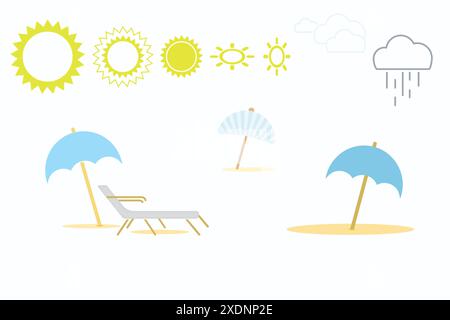 Summer travel and vacation concept. Beach parasol and beach chair holiday icons. Sun shines on a beach umbrella Stock Vector