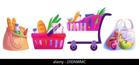 Grocery shop cart, basket, bag set isolated on white background. Vector cartoon illustration of food packages, bottles, fresh bread, fruit and vegetables, shopping containers full of healthy products Stock Vector