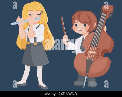 Kids musicians for school band or music classroom. Cartoon vector set of children with instruments - little girl playing flute and boy with contrabass or cello. Cute festival orchestra performers. Stock Vector