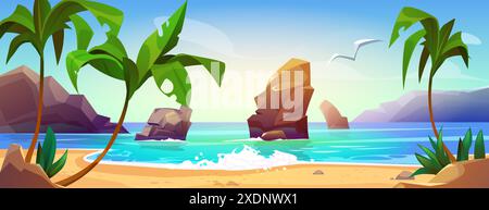 Summer sea or ocean beach landscape with blue water in tropical lagoon, green palm trees and sand on shore, rock mountains and seagull in blue sky on sunny day. Cartoon vector coastline scenery. Stock Vector