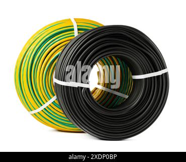 Yellow And Black Electrical Wire Spools Isolated On White Background Stock Photo