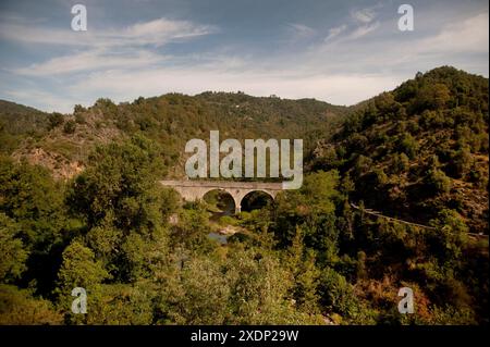 Bridge crossing the Gorges du Doux, Scenic railway, Chemin de Fer du Vivarais, Ardeche, France Stock Photo