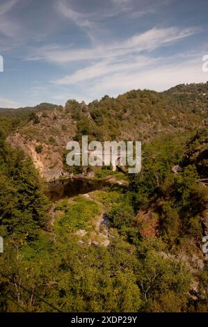 Bridge crossing the Gorges du Doux, Scenic railway, Chemin de Fer du Vivarais, Ardeche, France Stock Photo