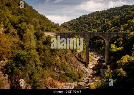 Bridge crossing the Gorges du Doux, Scenic railway, Chemin de Fer du Vivarais, Ardeche, France Stock Photo