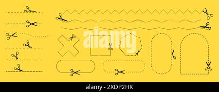 Set of scissors with cut lines and geometric shapes. Cut here symbol Stock Vector