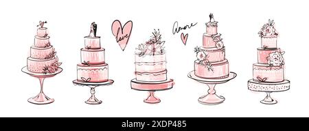Set of beautiful tiered wedding cakes, trendy sketch, freehand drawing, pink watercolor and line. Vector collection of cakes for a pastry shop, isolat Stock Vector