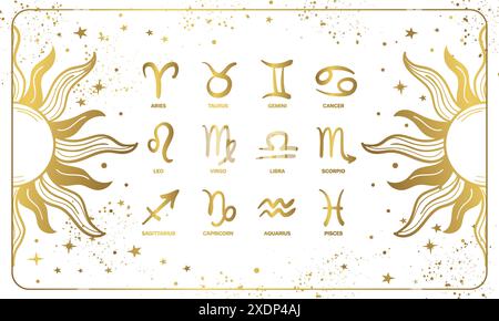 Set of 12 zodiac signs symbols on white background with golden sun, astrology banner, zodiac and horoscope card, vintage design. Vector line illustrat Stock Vector