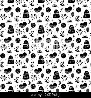 Seamless neo folk art vector pattern with mountains, moon and flowers, black and white floral design. Neo folk style endless background perfect for Stock Vector