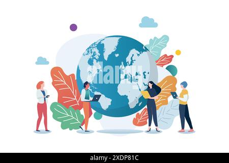 Global business concept. People with Earth globe on the background. Earth day concept. Vector illustration Stock Vector