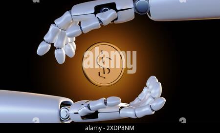 3d animation of robotic hand and a floating golden coin with dollar sign in the black background Stock Photo