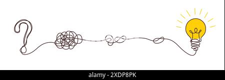 Solution concept of chaos in thoughts with hanging light bulbs with one glowing. Complex problem solving process in hand drawn style. Vector Stock Vector