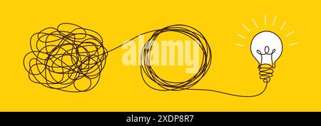 Solution concept of chaos in thoughts with hanging light bulbs with one glowing. Complex problem solving process in hand drawn style. Vector Stock Vector
