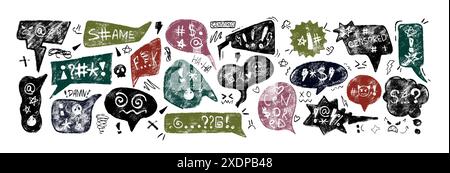 Colors chalk swear speech bubbles with curses, bad words, expletives. Hand drawn doodle charcoal pencil swearwords for angry, rude or mad mood. Crayon texture dialogue balloons with censored symbols. Stock Vector