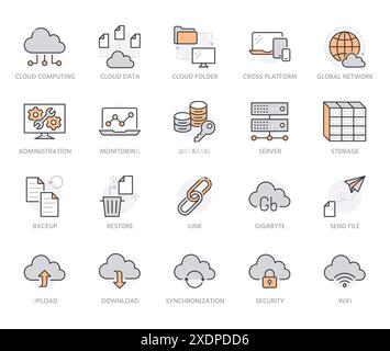 Cloud data storage line icons set. Database, information storage, server center, global network, backup, download vector illustrations. Technology Stock Vector