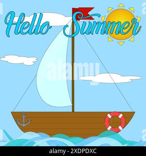 Colorful vector illustration featuring a sailboat with a red flag, bright sun, and Hello Summer text. Perfect for summer-themed designs and greetings. Stock Vector