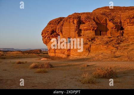 geography / travel, Saudi Arabia, Nabataeer-Graeber at Djabal Al-Ahmar in the first daylight, ADDITIONAL-RIGHTS-CLEARANCE-INFO-NOT-AVAILABLE Stock Photo